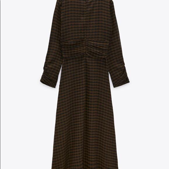 ZARA DRAPED PLAID DRESS BLACK / GREEN - Picture 8 of 10